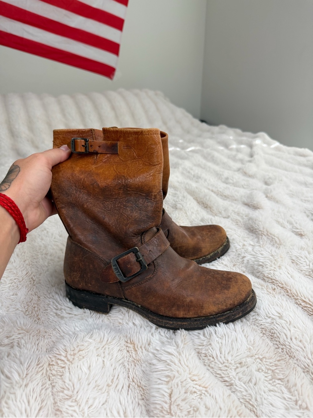 Frye Rustic Brown Leather Buckle Ankle Boots